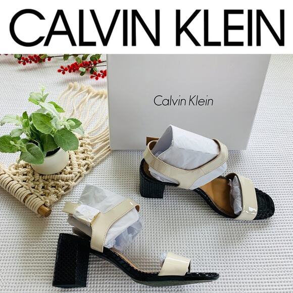 CALVIN KLEIN Shoes NEW Block Heel Open Toe Sandal High Heels Cream Black Shoes 8 - Picture 5 of 8